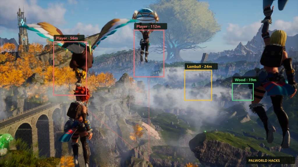 Palworld cheats player ESP boxes on an island